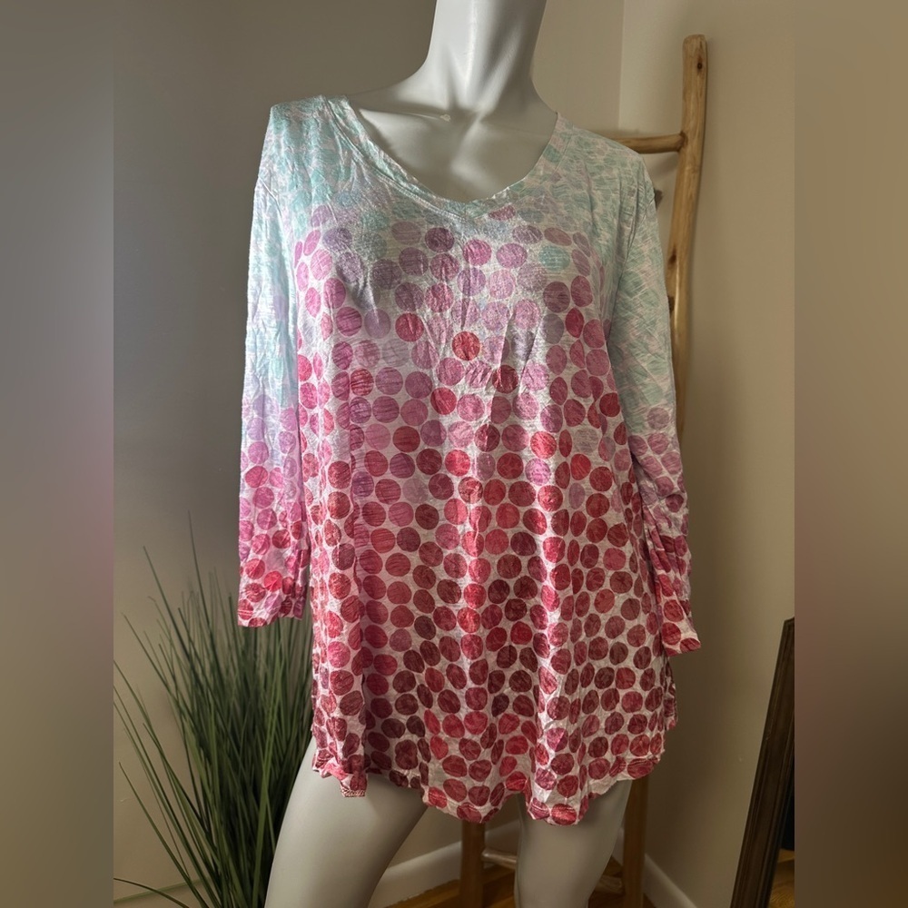 Newport By Carine Pink Polka Dot 3/4 Sleeve Tunic Top 1X